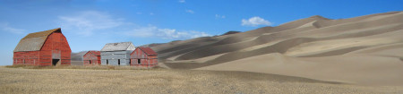 Color depiction of an arid farm landscape that has become a desert