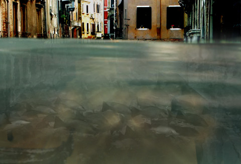 Photo simulation depicting the impact of rising sea levels in a city environment