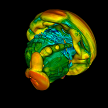 Color isosurface rendering of supernova simulation data created with VisIT
