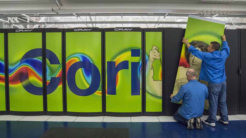 The Cori supercomputer gets decorative outer panels installed.