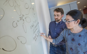 David Prendergast and Liwen Wan write on a white board at the Molecular Foundry