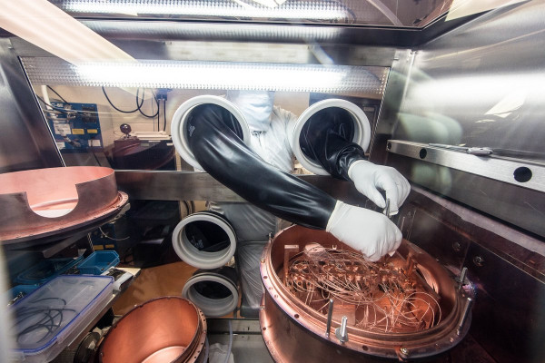 A researcher works on the delicate wiring of a MAJORANA cryostat