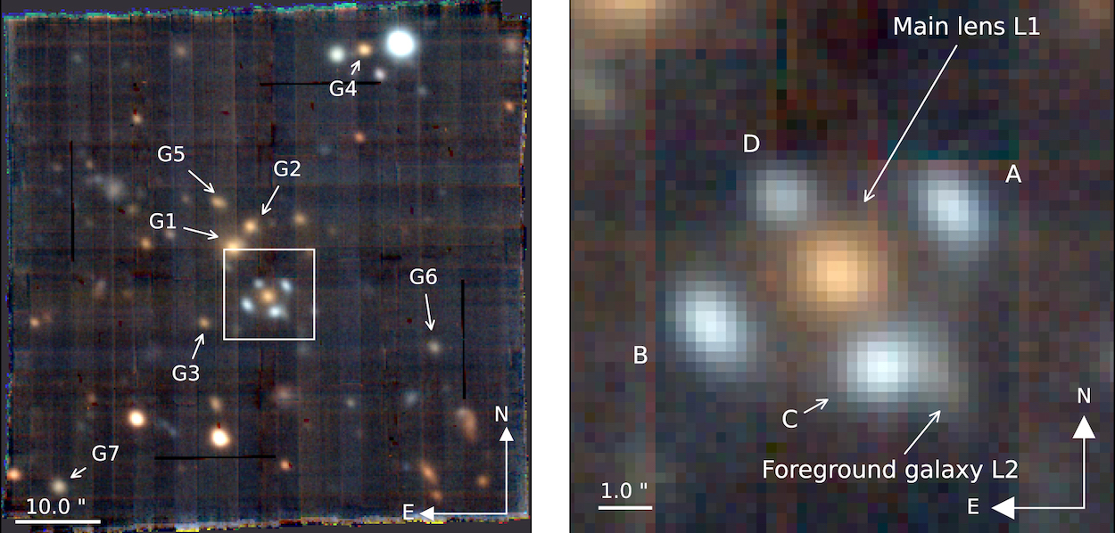 On the left, a white square delineates a set of illuminated objects in space: four white lights in a cross shape surrounding a central yellow light. On the right, a magnified inset image of the same image.