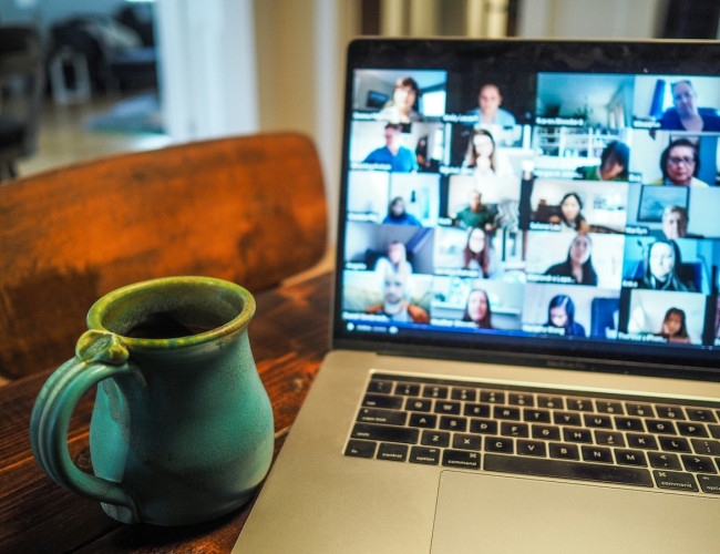 zoom meeting screen with coffee cup