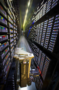 Interior photograph of the HPSS StorageTek robotic tape storage unit.