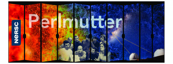 Colorful simulation with photo of Saul Perlmutter and students and domed observatories