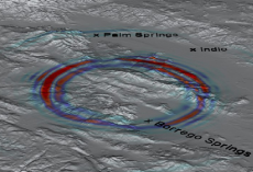 Color visualization of hypothetical seismic wave propagation with mountain topography