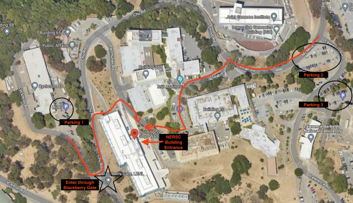 Arial view of building 59 with routes marked.