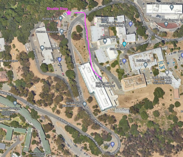A birds-eye view map showing the walking route from Building 65 shuttle stop to NERSC in Building 59 / Wang Hall.