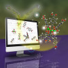 Artistic conceptual illustration depicting a computer monitor and floating molecular models