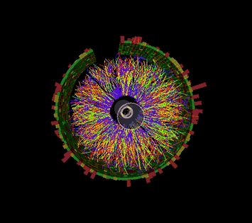 colorful rotating animation of collision events recorded at the STAR experiment